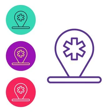 Set line Medical map pointer with cross hospital icon isolated on white Stock Illustration