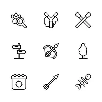 Set line Medieval arrow, Tree, Dead fish, bow and, Burning match with fire,.. Illustrazione stock