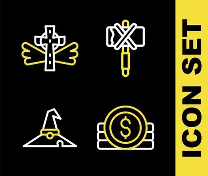 Set line Medieval axe, Ancient coin, Witch hat and Christian cross icon. Vect Illustrazione stock
