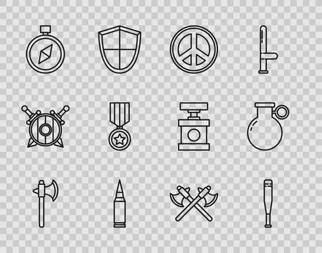 Set line Medieval axe, Baseball bat, Peace, Bullet, Compass, Military rewar.. Stock Illustration