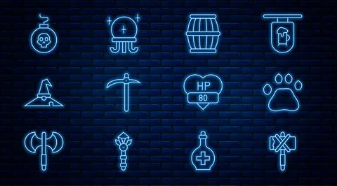 Set line Medieval axe, Bear paw footprint, Gun powder barrel, Pickaxe, Witc.. Illustrazione stock