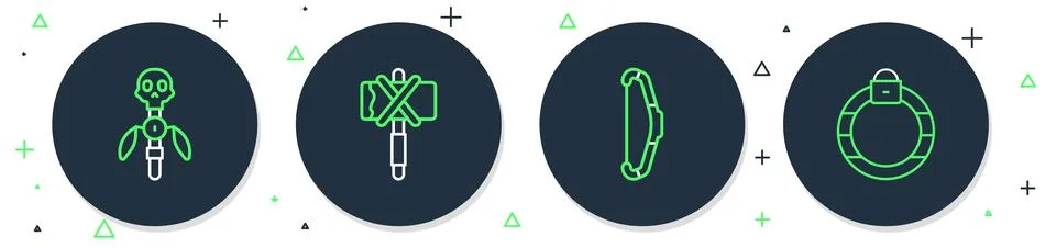 Set line Medieval axe, bow, Magic staff and stone ring icon. Vector Stock Illustration