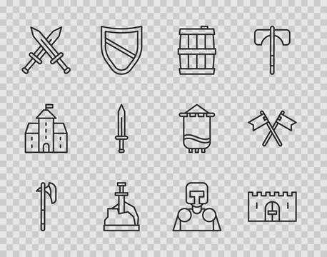Set line Medieval axe, castle gate, Wooden barrel, Sword in the stone, Cros.. Stock Illustration