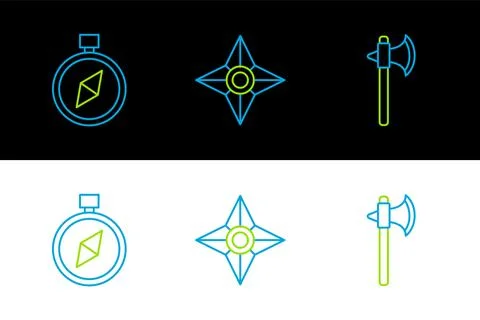 Set line Medieval axe, Compass and Japanese ninja shuriken icon. Vector Illustration