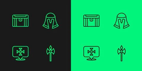Set line Medieval axe, Crusade, Antique treasure chest and helmet icon. Vector Stock Illustration