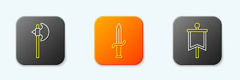 Set line Medieval axe, Dagger and flag icon. Vector Stock Illustration