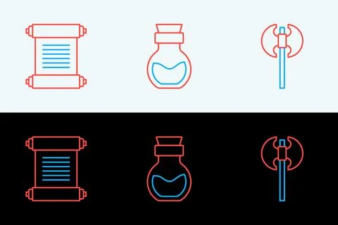 Set line Medieval axe, Decree, parchment, scroll and Poison in bottle icon... Illustrazione stock