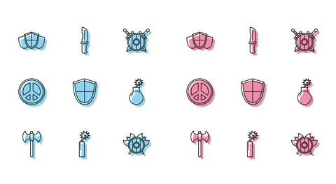 Set line Medieval axe, Dynamite bomb stick clock, Shield, shield with crossed Stock Illustration