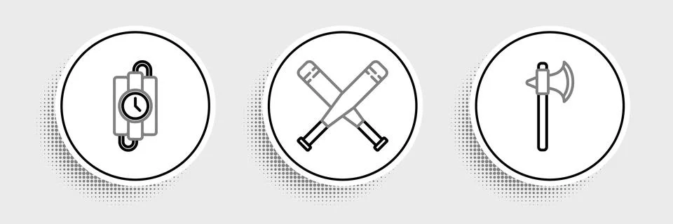 Set line Medieval axe, dynamite stick and timer clock and Crossed baseball .. Stock Illustration