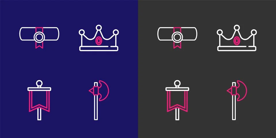 Set line Medieval axe, flag, King crown and Decree, parchment, scroll icon... Stock Illustration
