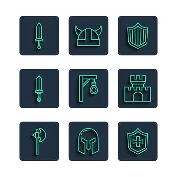 Set line Medieval axe, iron helmet, Shield, Gallows, sword,  and Castle, fo.. Stock Illustration