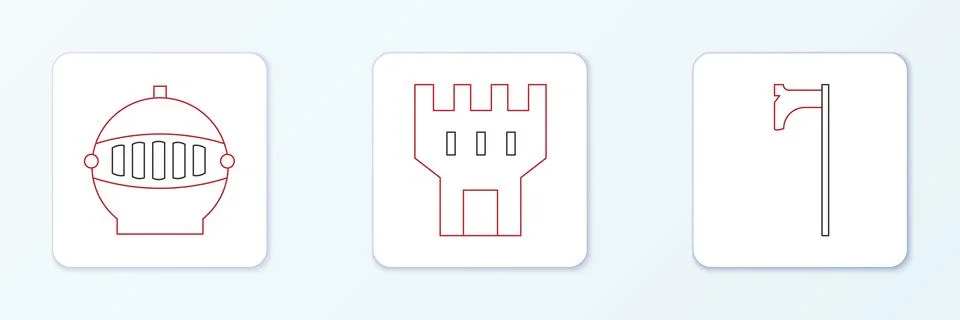 Set line Medieval axe, iron helmet and Castle tower icon. Vector Illustration