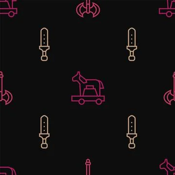 Set line Medieval axe, sword and Trojan horse on seamless pattern. Vector Stock Illustration