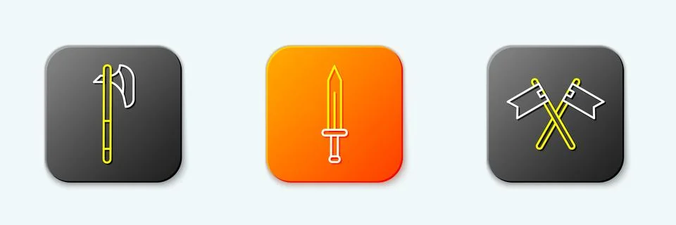 Set line Medieval axe, sword and Crossed medieval flag icon. Vector Stock Illustration