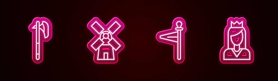 Set line Medieval axe, Windmill, flag and Princess. Glowing neon icon. Vector Stock Illustration