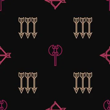 Set line Medieval bow and arrow, Crossed arrows and axe on seamless pattern 库存插图