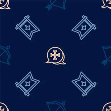 Set line Medieval bow and arrow, flag and Crusade on seamless pattern. Vector Stockillustratie