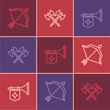 Set line Medieval bow and arrow, Trumpet with flag and Crossed medieval axes Stock Illustration