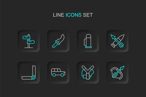 Set line Medieval bow and arrow, Slingshot, Safari car, Trap hunting, Cross.. Stock Illustration