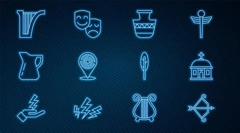 Set line Medieval bow with arrow, Santorini building, Ancient amphorae, Minotaur Ilustración de archivo