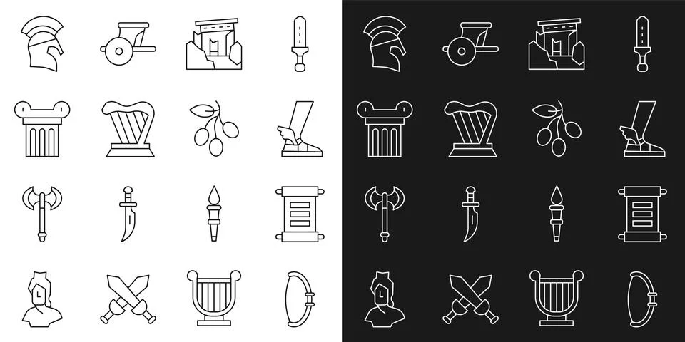 Set line Medieval bow, Decree, parchment, scroll, Hermes sandal, Ancient ruins Ilustración de archivo