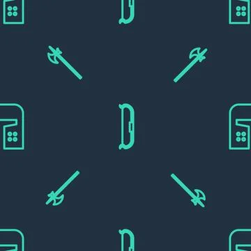 Set line Medieval bow, halberd and iron helmet on seamless pattern. Vector Stockillustratie