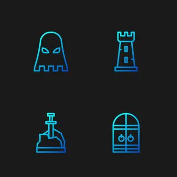 Set line Medieval castle gate, Sword in the stone, Executioner mask and Castle Stock Illustration