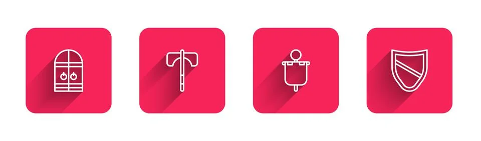 Set line Medieval castle gate, axe, flag and Shield with long shadow. Red square Stock Illustration