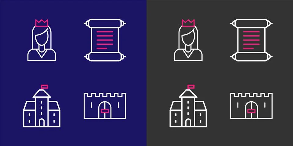 Set line Medieval castle gate, Castle, fortress, Decree, parchment, scroll .. Illustrazione stock