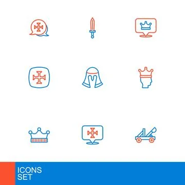 Set line Medieval catapult, Crusade, King crown, helmet,  and sword icon. V.. Illustrazione stock