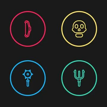 Set line Medieval chained mace ball, Neptune Trident, Skull and bow icon. Vector Stock Illustration