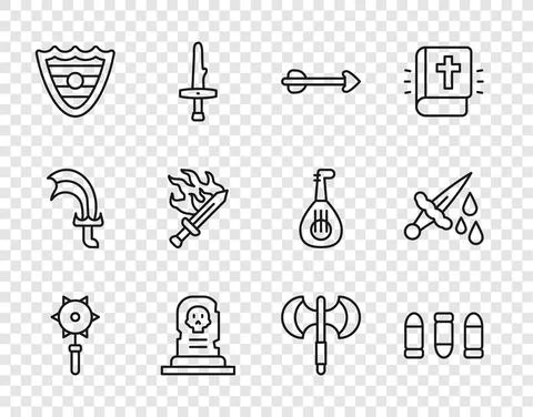 Set line Medieval chained mace ball, Bullet, Arrow, Grave with tombstone, Shield Stock Illustration