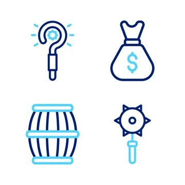 Set line Medieval chained mace ball, Gun powder barrel, Old money bag and Magic Stock Illustration