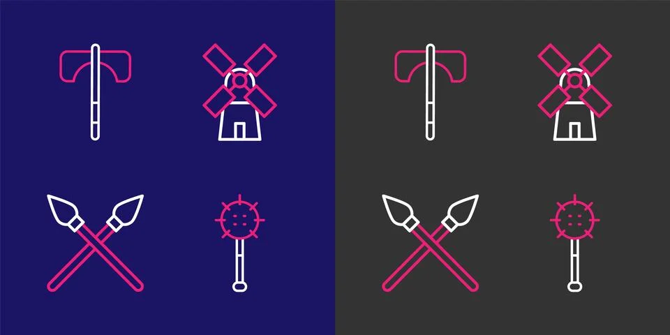 Set line Medieval chained mace ball, Crossed medieval spears, Windmill and .. Stock Illustration