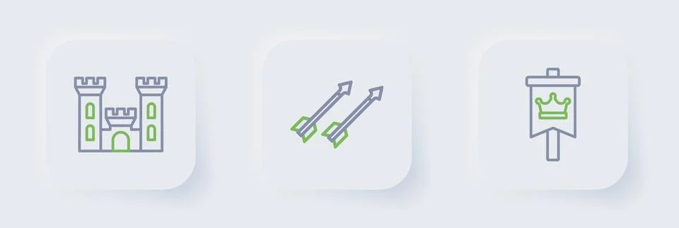 Set line Medieval flag, arrows and Castle icon. Vector Stock Illustration