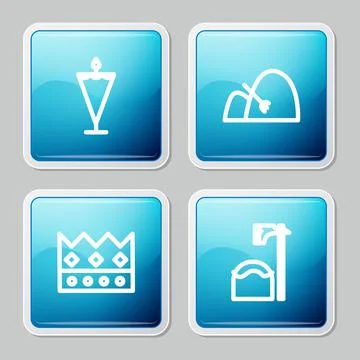 Set line Medieval flag, Bale of hay and rake, King crown and Executioner axe Stock Illustration