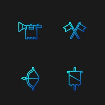 Set line Medieval flag, bow and arrow, Trumpet with and Crossed medieval. G.. Illustrazione stock