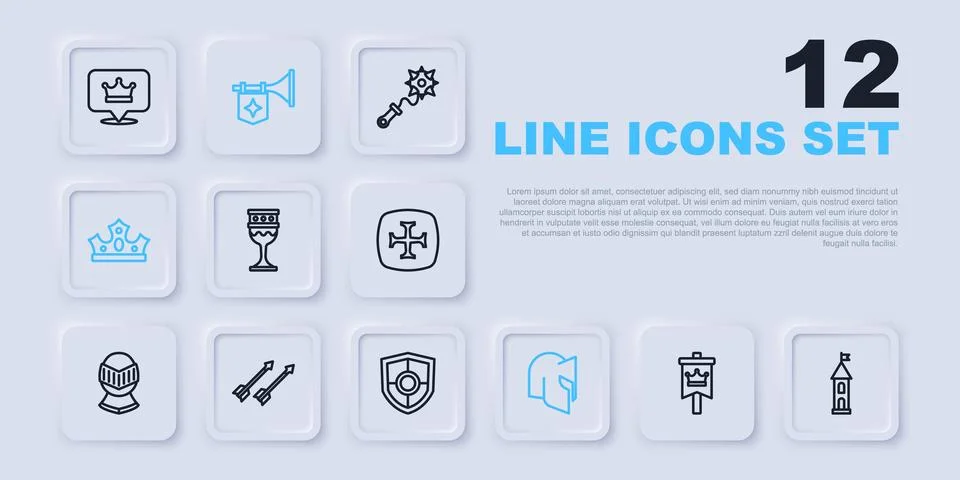 Set line Medieval flag, Castle tower, goblet, helmet, King crown, arrows, T.. Stock Illustration