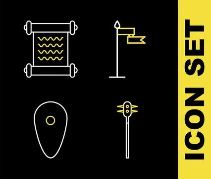 Set line Medieval flag, chained mace ball, Shield and Decree, parchment, sc.. Stock Illustration