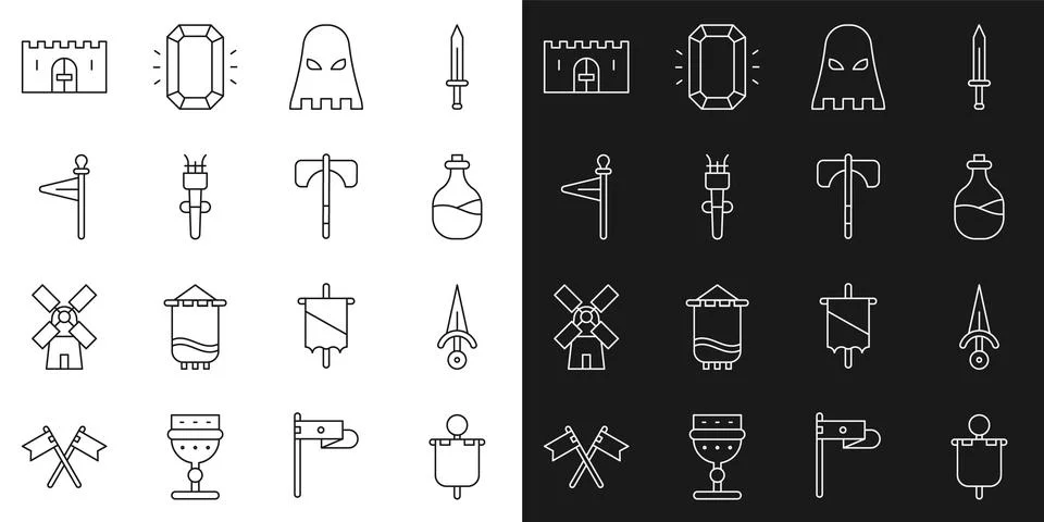 Set line Medieval flag, Dagger, Old bottle of wine, Executioner mask, Torch Illustrazione stock