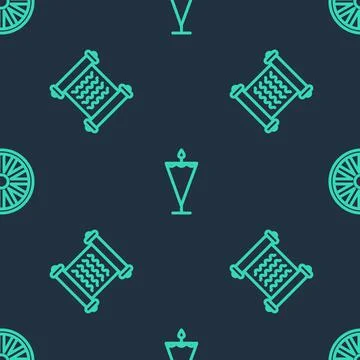 Set line Medieval flag, Decree, parchment, scroll and Old wooden wheel on sea Stock Illustration