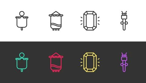 Set line Medieval flag, , Diamond and Torch flame on black and white. Vector Stock Illustration