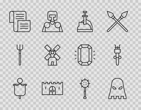 Set line Medieval flag, Executioner mask, Sword in the stone, castle gate Stock Illustration