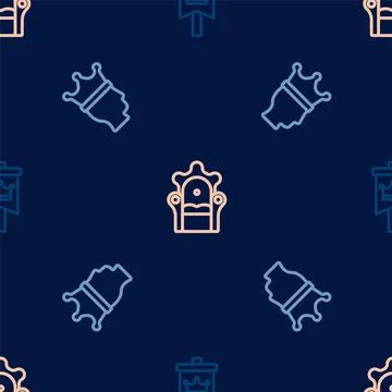 Set line Medieval flag, King crown and throne on seamless pattern. Vector Illustrazione stock