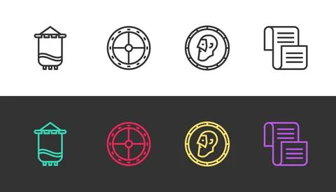 Set line Medieval flag, Round wooden shield, Ancient coin and Decree, parch.. Stock Illustration