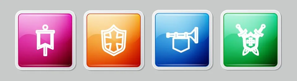 Set line Medieval flag, Shield, Trumpet with and shield swords. Colorful sq.. Stock Illustration