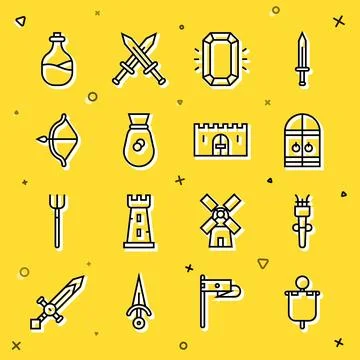 Set line Medieval flag, Torch flame, castle gate, Diamond, Old money bag, b.. Stock Illustration