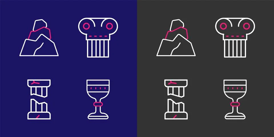 Set line Medieval goblet, Broken ancient column, Ancient and Rock stones ic.. Ilustración de archivo