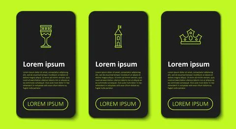 Set line Medieval goblet, Castle tower and King crown. Business infographic Ilustración de archivo