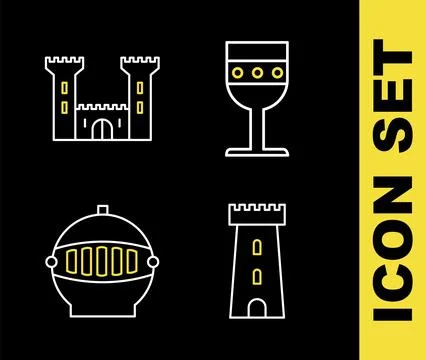 Set line Medieval goblet, Castle tower, iron helmet and icon. Vector Ilustración de archivo